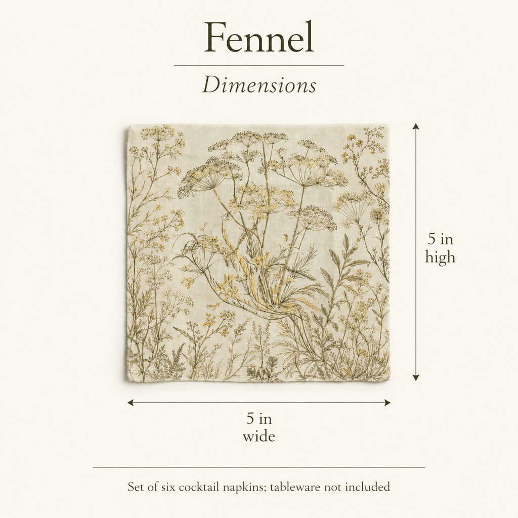 Fennel Botanical Linen Cocktail Napkins — 5 in Square, Set of 6; dimensions and inclusions.