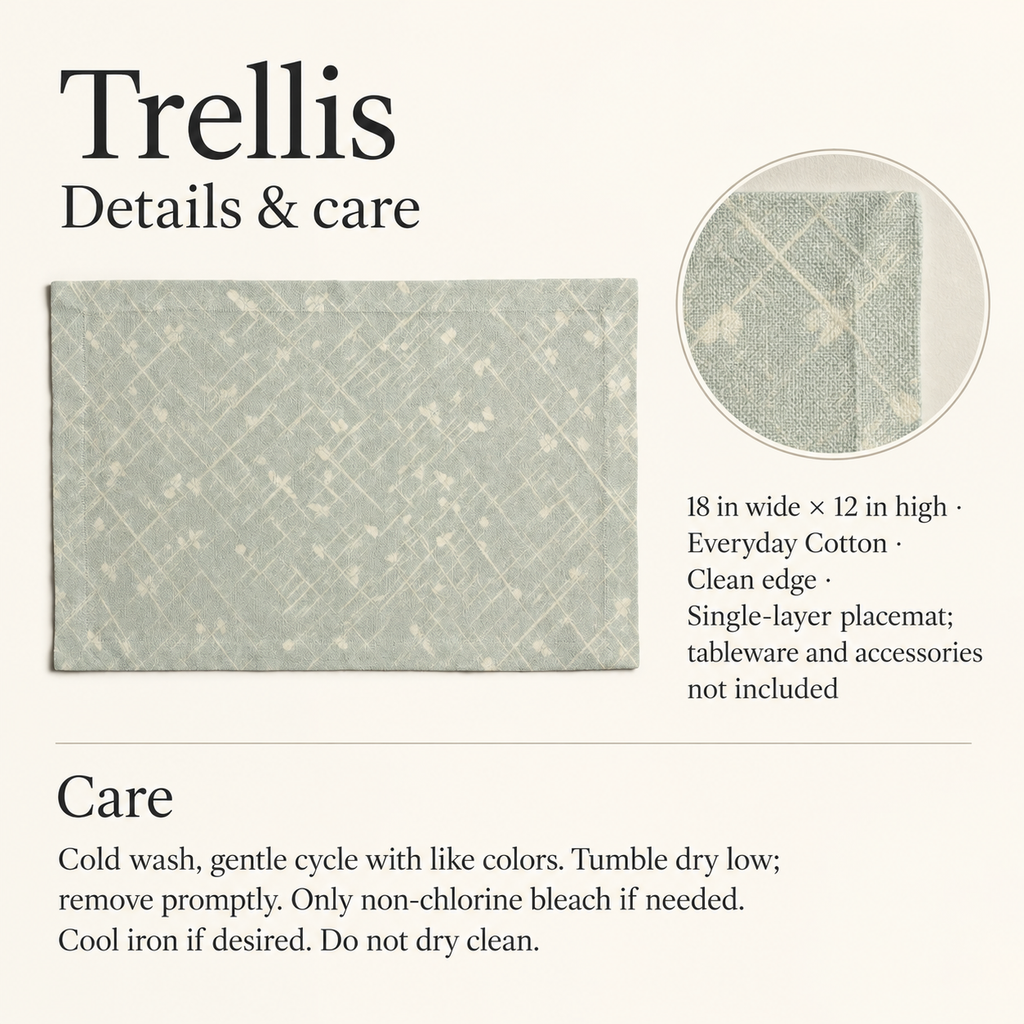 Trellis Geometric Cotton Placemat — 12 × 18 in, Sage & Ivory; details and care.