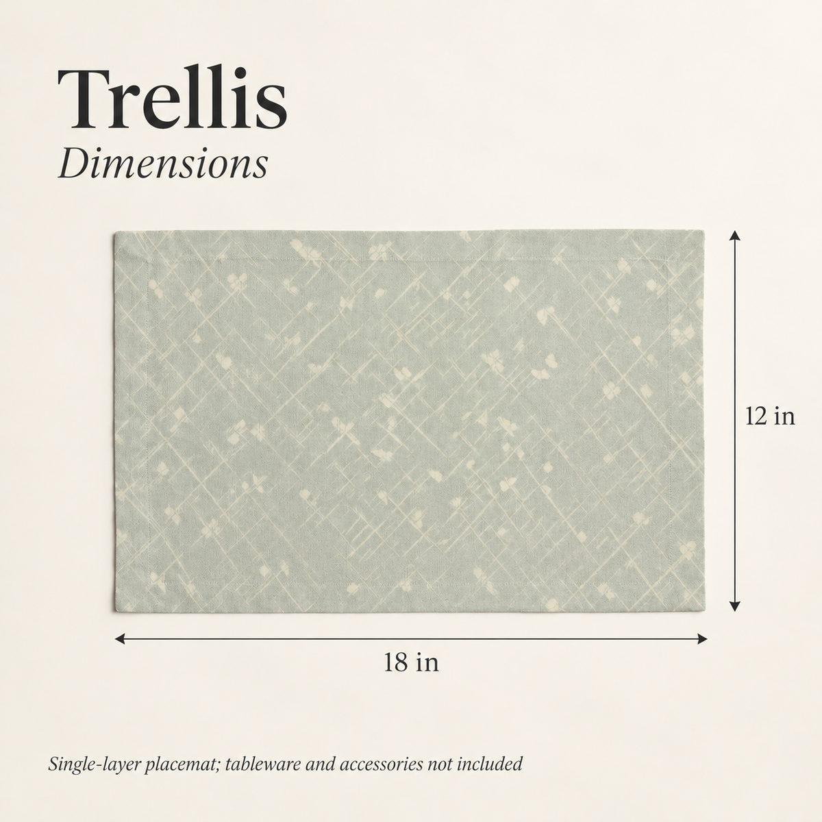 Trellis Geometric Cotton Placemat — 12 × 18 in, Sage & Ivory; dimensions and inclusions.