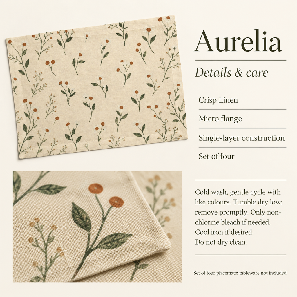 Aurelia Botanical Micro-Flange Linen Placemats — 14 × 19 in, Set of 4; details and care.