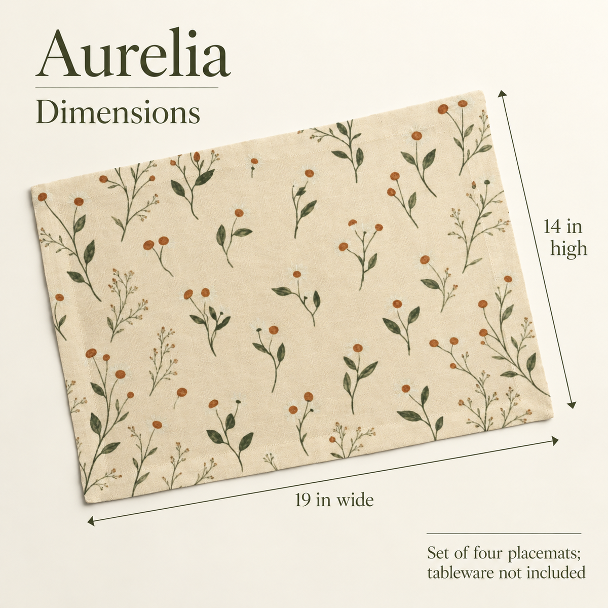 Aurelia Botanical Micro-Flange Linen Placemats — 14 × 19 in, Set of 4; dimensions and inclusions.