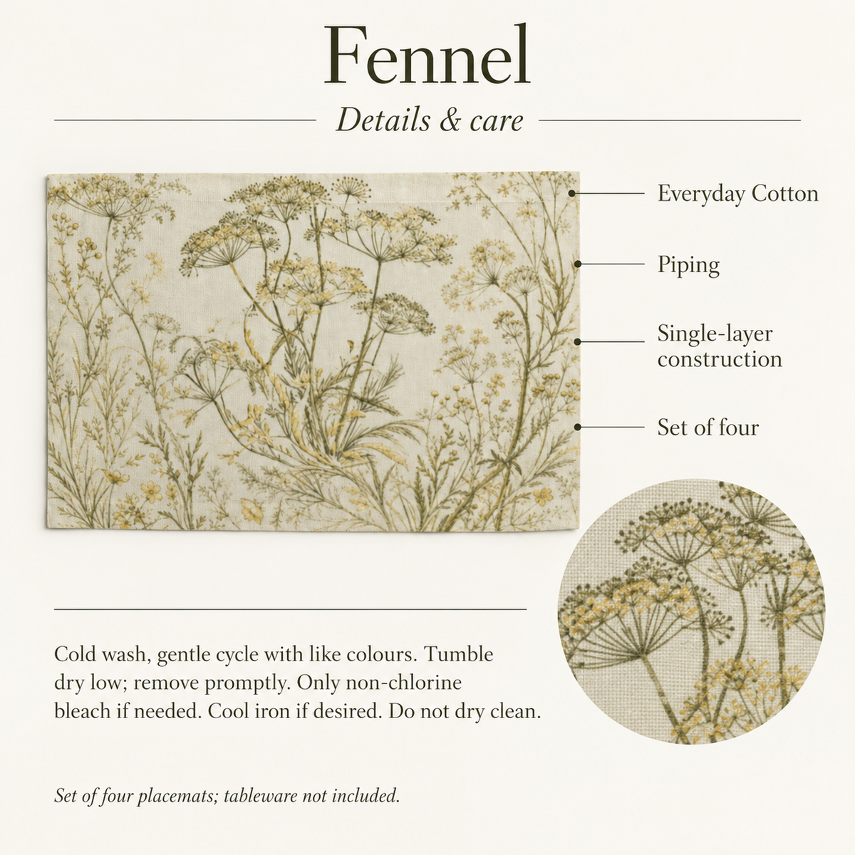 Fennel Botanical Piped Cotton Placemats — 12 × 18 in, Set of 4; details and care.
