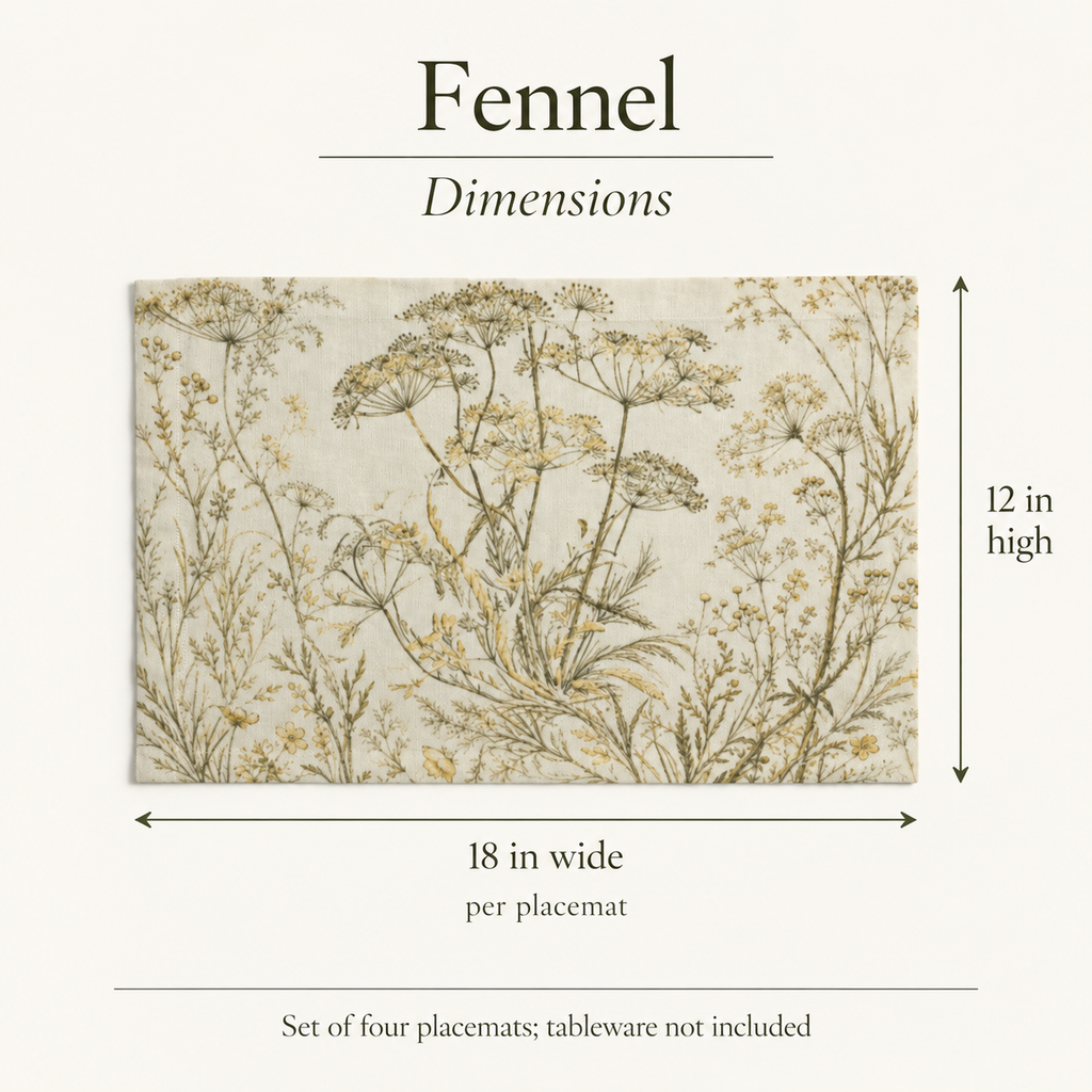 Fennel Botanical Piped Cotton Placemats — 12 × 18 in, Set of 4; dimensions and inclusions.