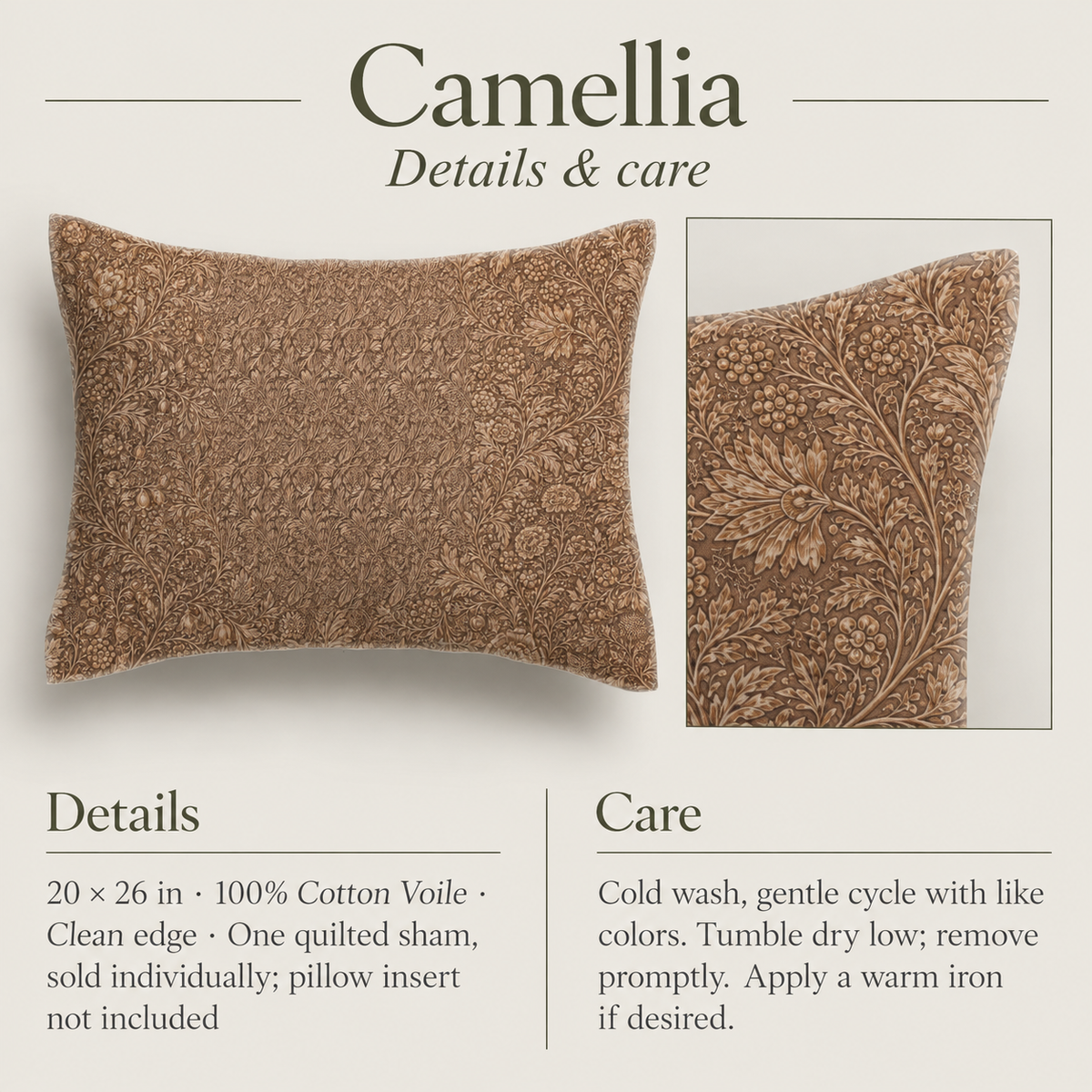 Camellia Botanical Cotton Voile Quilted Sham — Standard, Tobacco & Ochre; details and care.