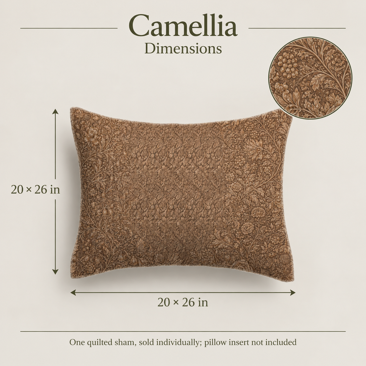 Camellia Botanical Cotton Voile Quilted Sham — Standard, Tobacco & Ochre; dimensions and inclusions.