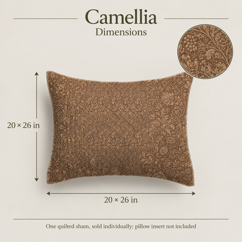 Camellia Botanical Cotton Voile Quilted Sham — Standard, Tobacco & Ochre; dimensions and inclusions.