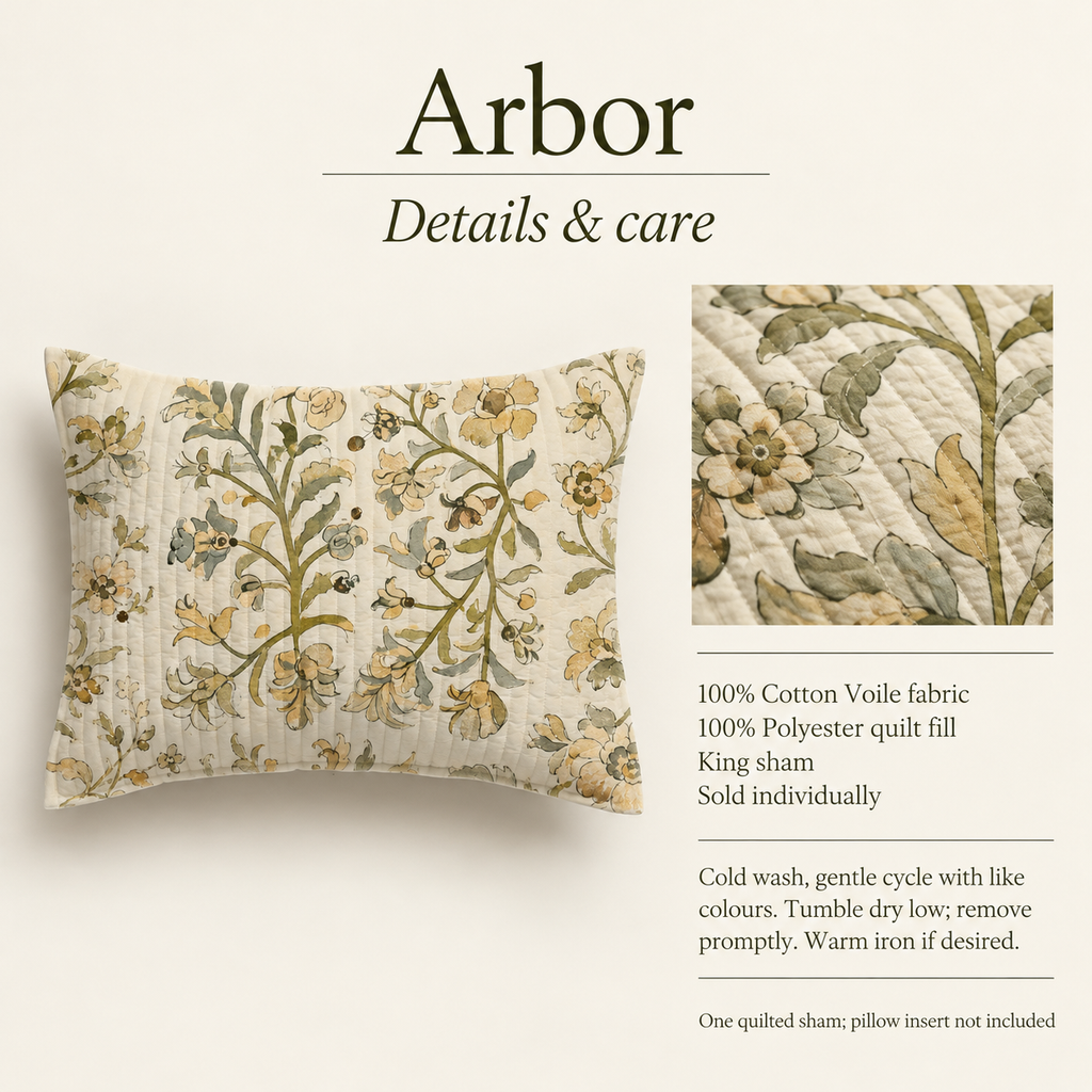 Arbor Botanical Cotton Voile Quilted Sham — King, Olive & Stone; details and care.