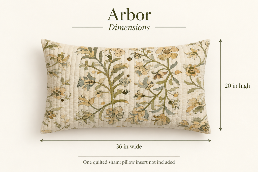 Arbor Botanical Cotton Voile Quilted Sham — King, Olive & Stone; dimensions and inclusions.