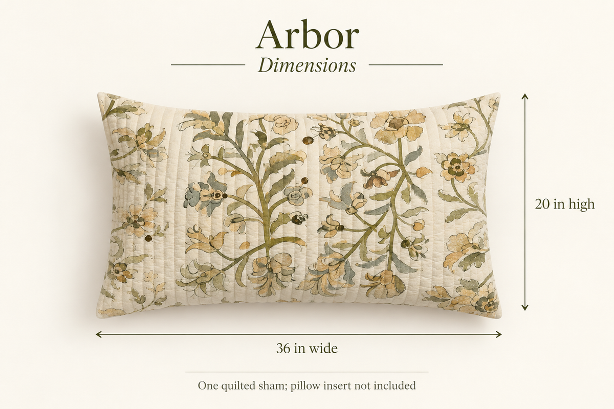 Arbor Botanical Cotton Voile Quilted Sham — King, Olive & Stone; dimensions and inclusions.
