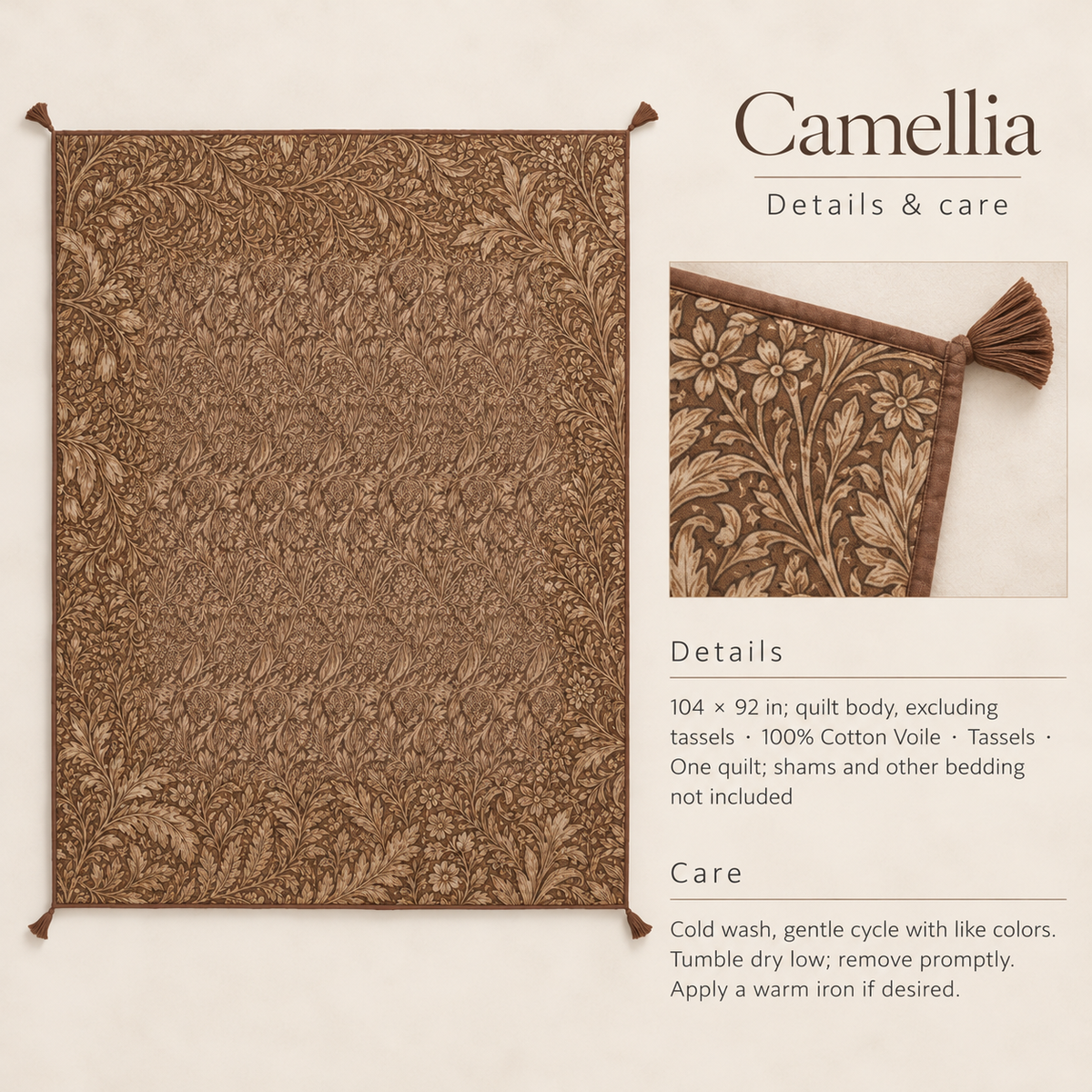 Camellia Botanical Tasselled Cotton Voile Quilt — King / Cal King, Tobacco & Ochre; details and care.