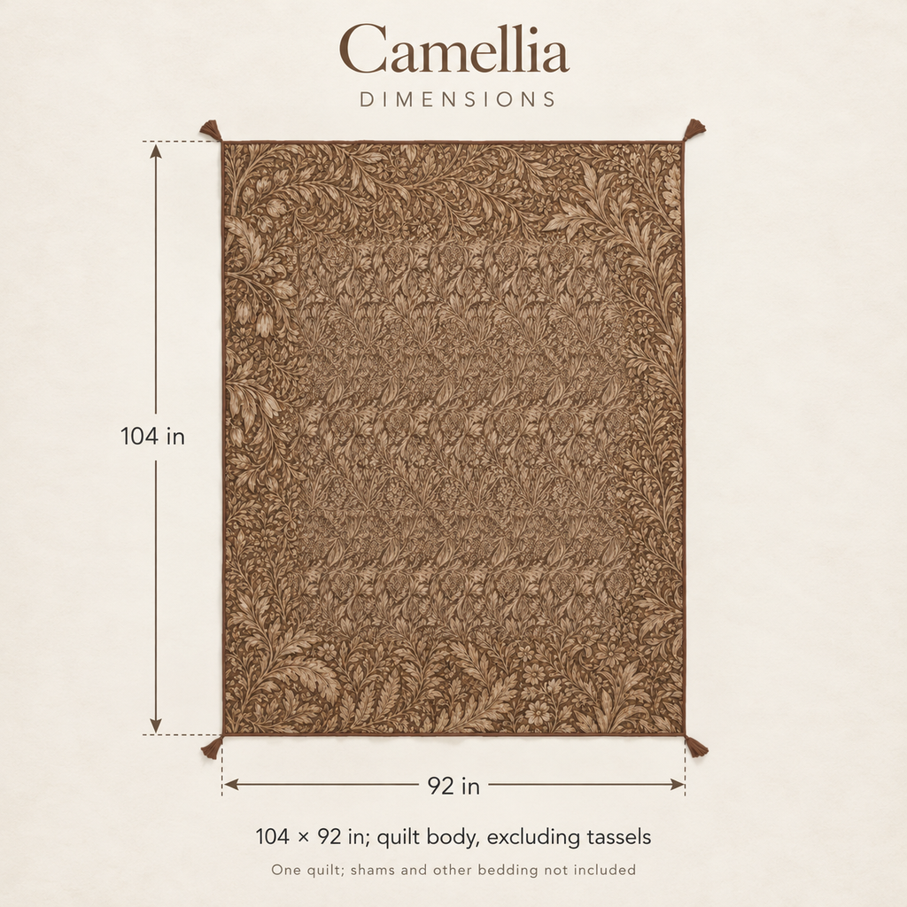 Camellia Botanical Tasselled Cotton Voile Quilt — King / Cal King, Tobacco & Ochre; dimensions and inclusions.