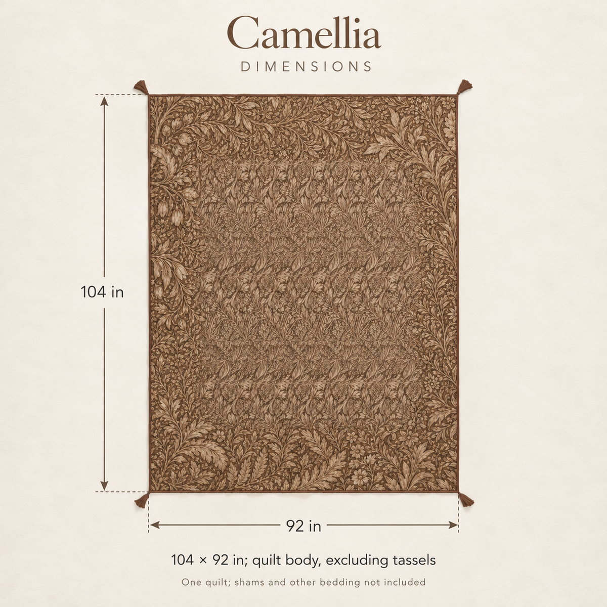 Camellia Botanical Tasselled Cotton Voile Quilt — King / Cal King, Tobacco & Ochre; dimensions and inclusions.