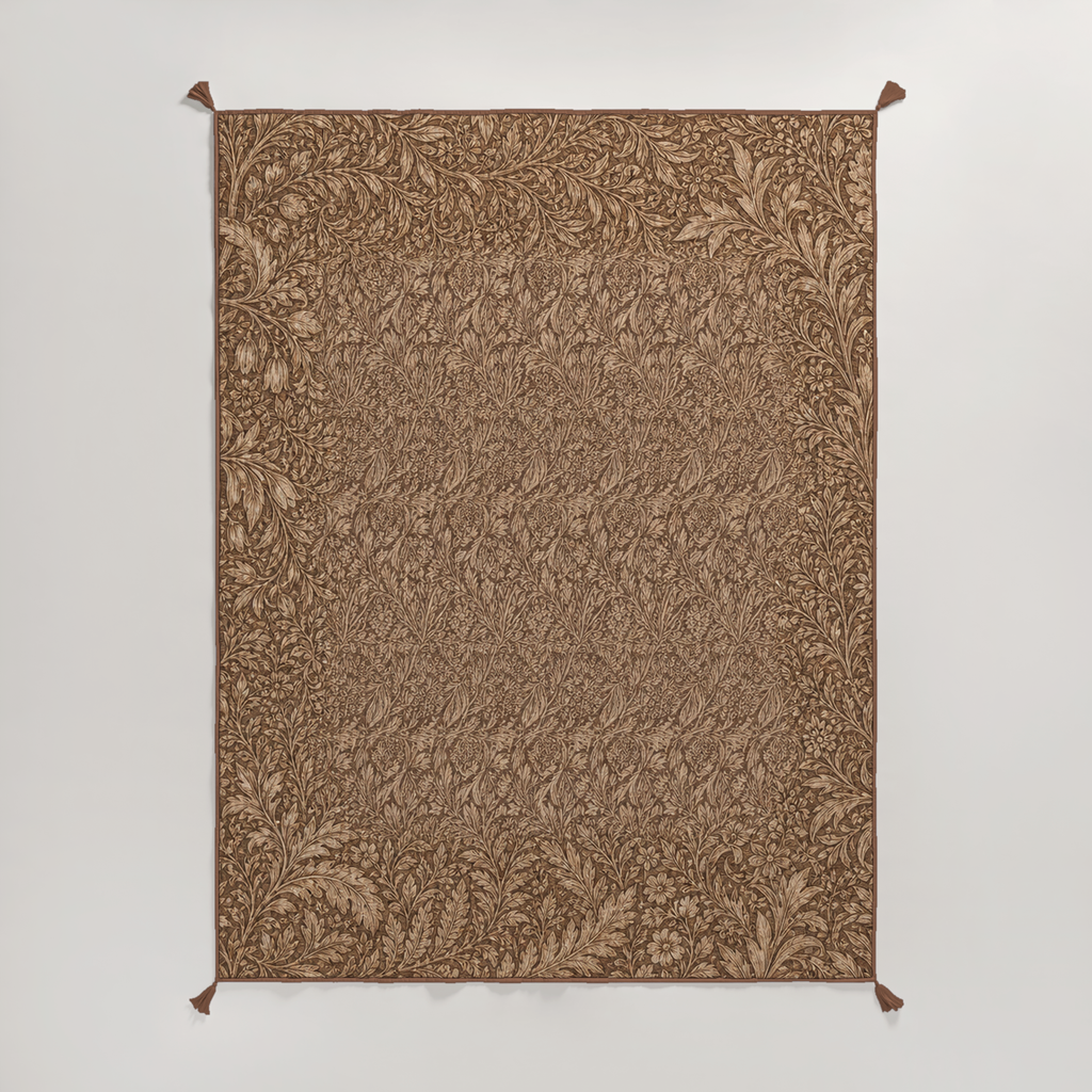 Camellia Botanical Tasselled Cotton Voile Quilt — King / Cal King, Tobacco & Ochre; supplier product view 1.