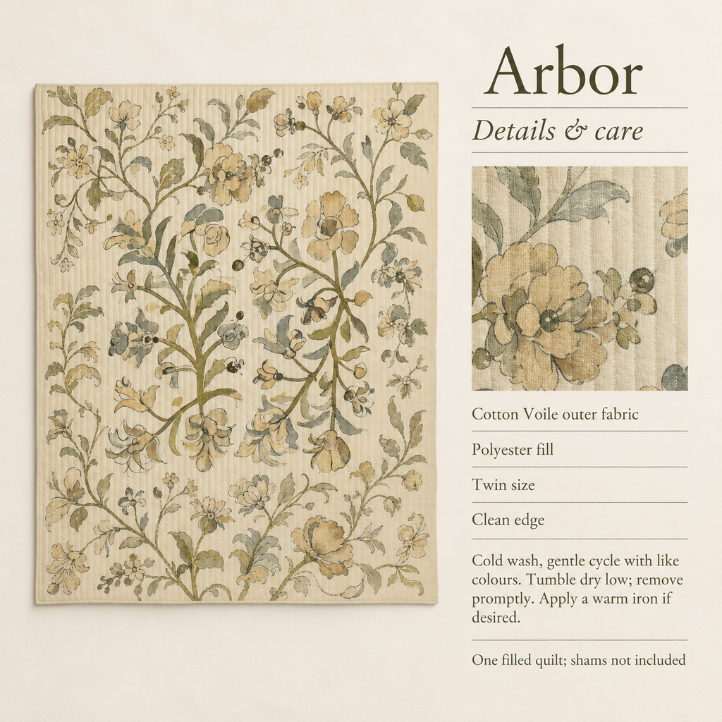 Arbor — Twin Cotton Voile Quilt; details and care.