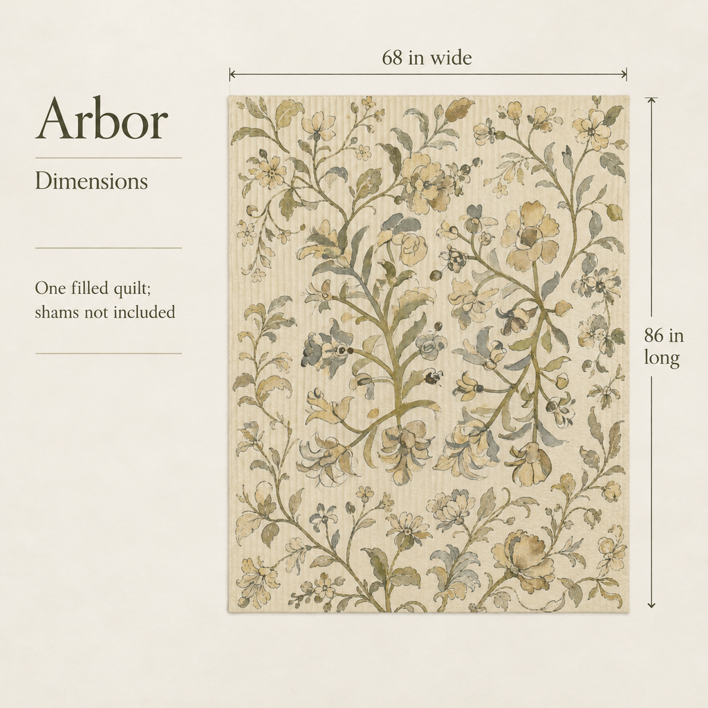 Arbor — Twin Cotton Voile Quilt; dimensions and inclusions.