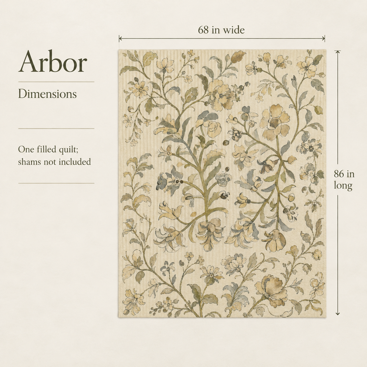 Arbor — Twin Cotton Voile Quilt; dimensions and inclusions.