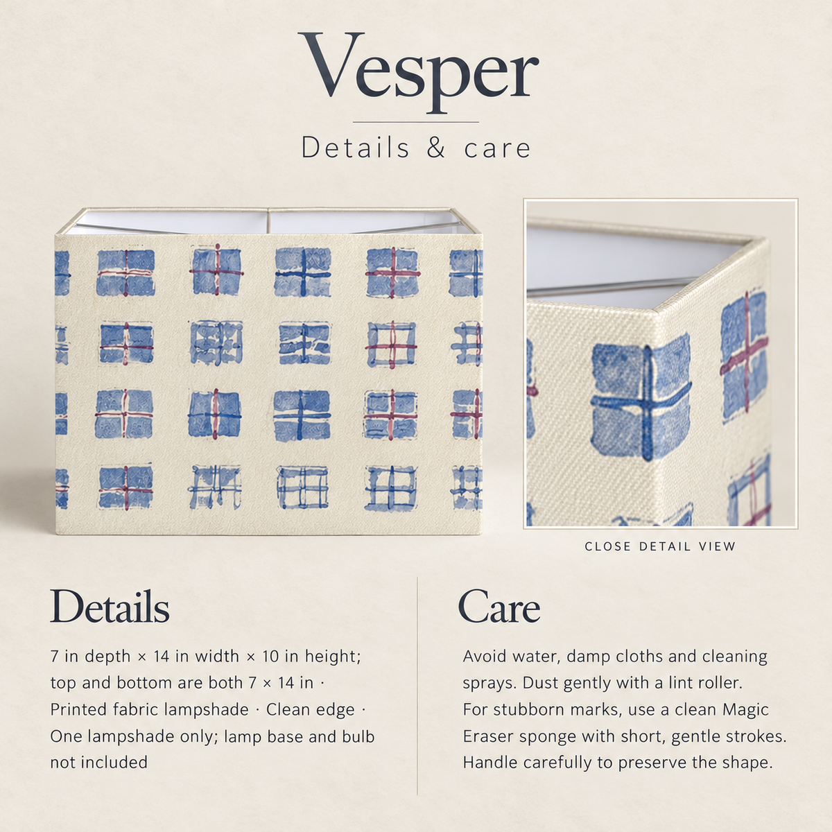 Vesper Painted Check Rectangular Lampshade — 7 × 14 × 10 in, Blue & Ivory; details and care.