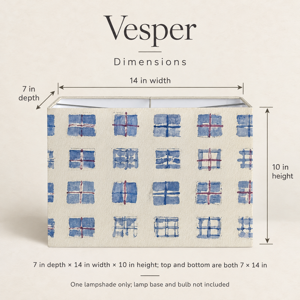Vesper Painted Check Rectangular Lampshade — 7 × 14 × 10 in, Blue & Ivory; dimensions and inclusions.