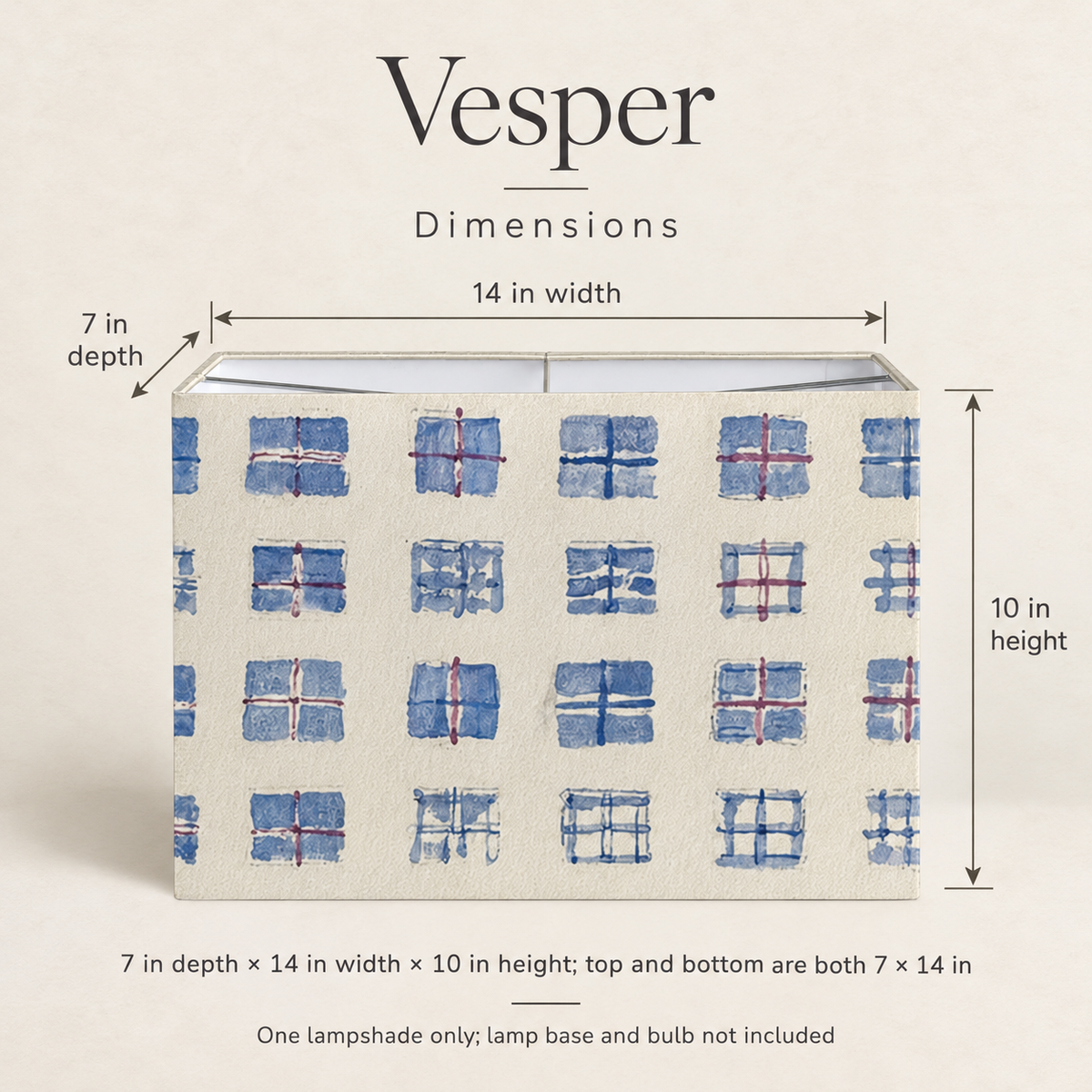 Vesper Painted Check Rectangular Lampshade — 7 × 14 × 10 in, Blue & Ivory; dimensions and inclusions.