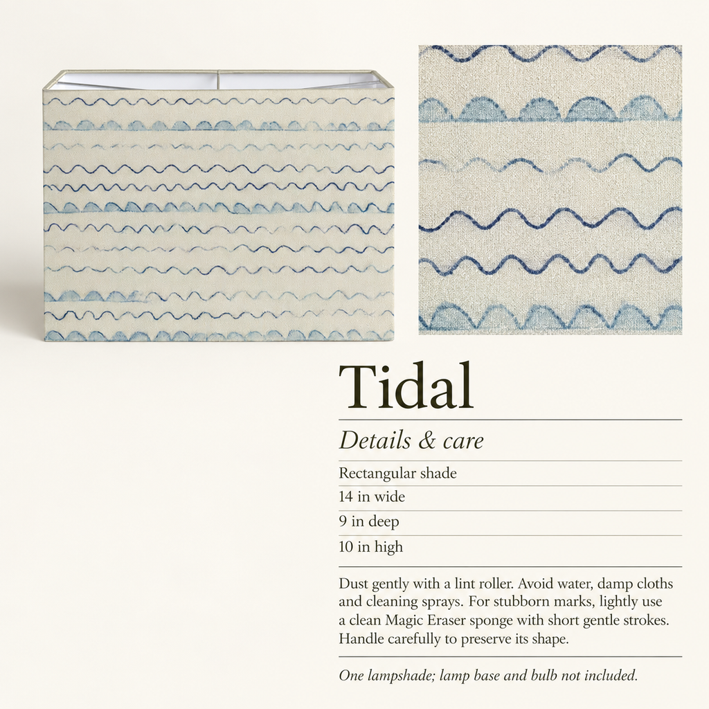 Tidal Waved Rectangular Lampshade — 9 × 14 × 10 in, Blue & Ivory; details and care.