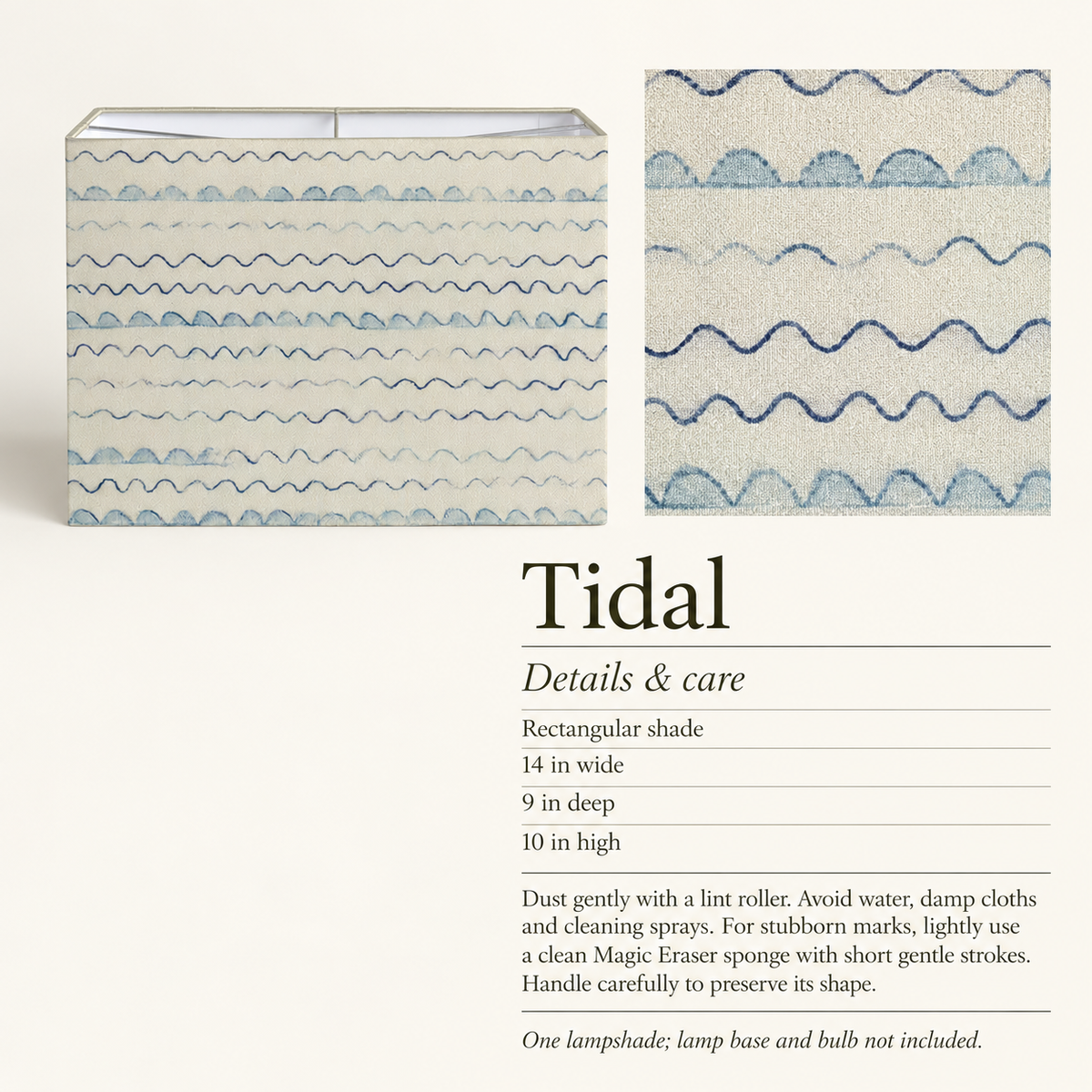 Tidal Waved Rectangular Lampshade — 9 × 14 × 10 in, Blue & Ivory; details and care.