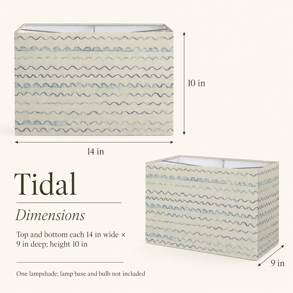 Tidal Waved Rectangular Lampshade — 9 × 14 × 10 in, Blue & Ivory; dimensions and inclusions.