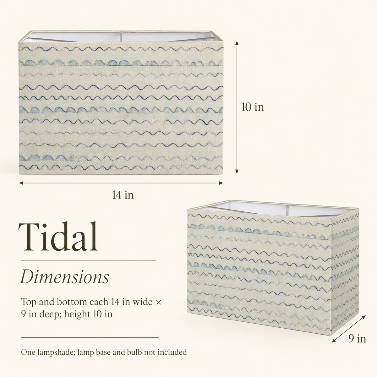 Tidal Waved Rectangular Lampshade — 9 × 14 × 10 in, Blue & Ivory; dimensions and inclusions.