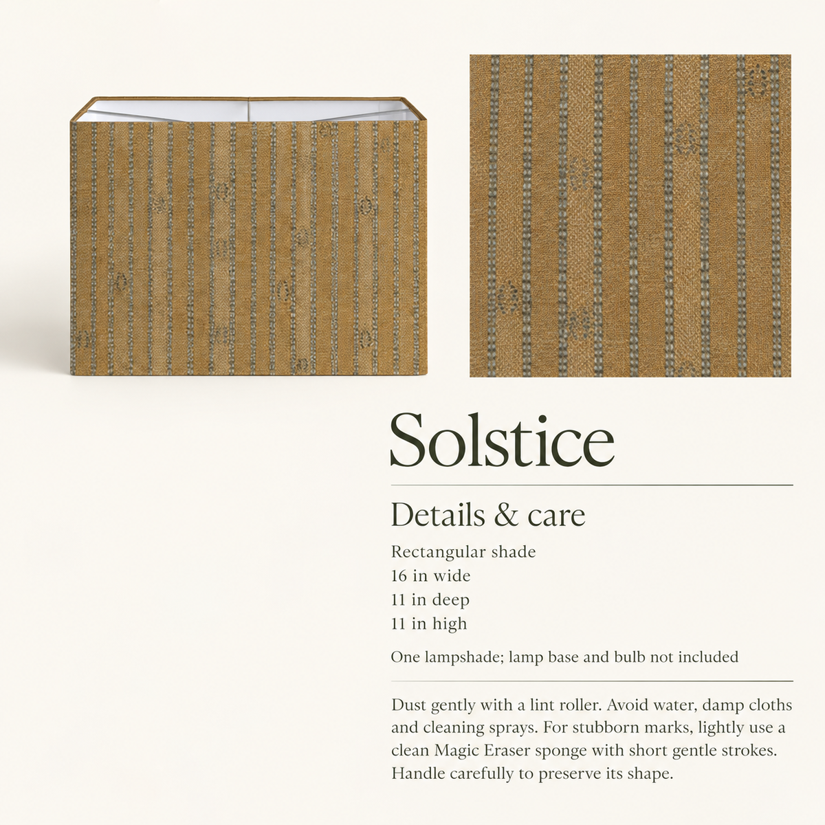 Solstice Stripe Rectangular Lampshade — 11 × 16 × 11 in, Ochre & Slate; details and care.