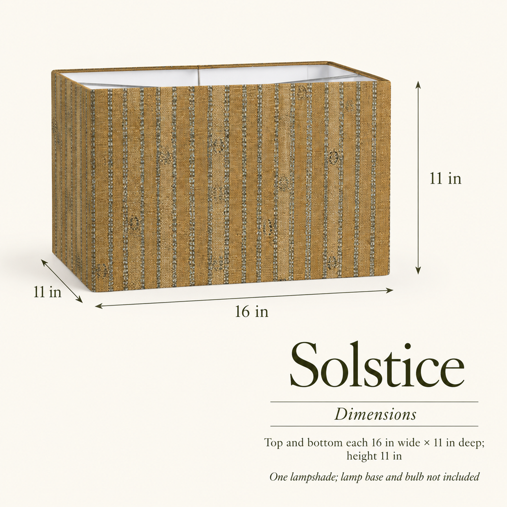 Solstice Stripe Rectangular Lampshade — 11 × 16 × 11 in, Ochre & Slate; dimensions and inclusions.