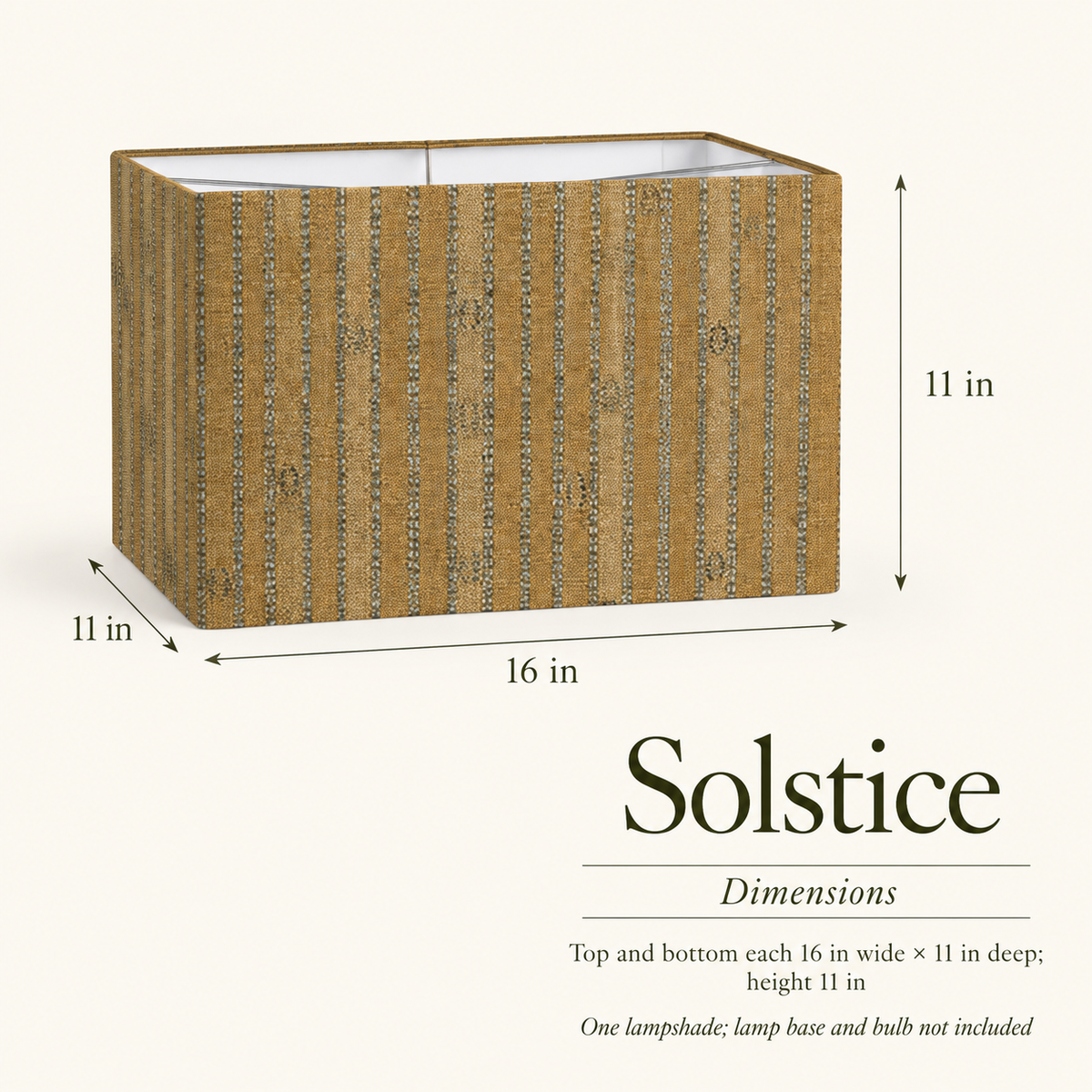 Solstice Stripe Rectangular Lampshade — 11 × 16 × 11 in, Ochre & Slate; dimensions and inclusions.