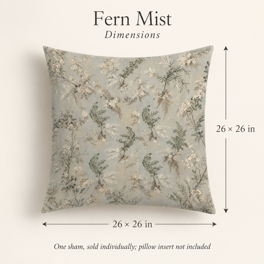 Fern Mist Botanical Cotton Euro Sham — 26 in Square, Mist & Sage; dimensions and inclusions.