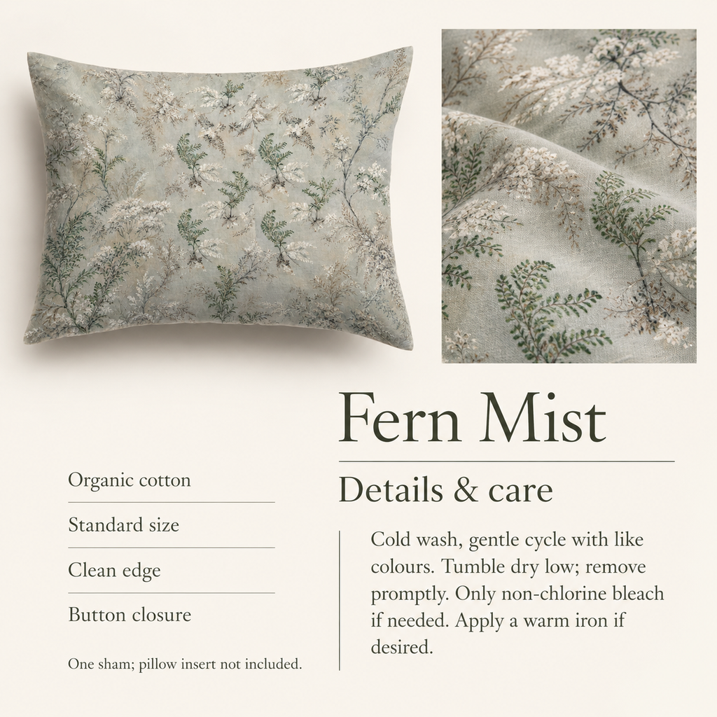 Fern Mist — Standard Organic Cotton Sham; details and care.