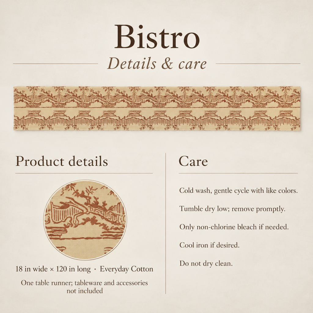Bistro Scenic Cotton Long Table Runner — 18 × 120 in, Terracotta & Cream; details and care.