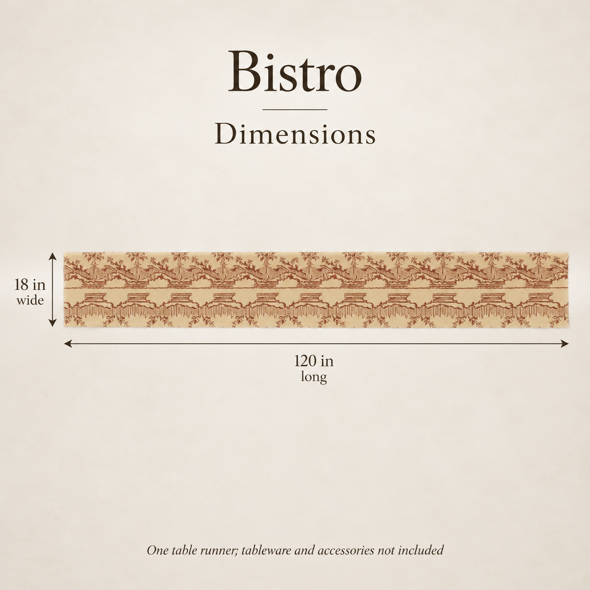 Bistro Scenic Cotton Long Table Runner — 18 × 120 in, Terracotta & Cream; dimensions and inclusions.