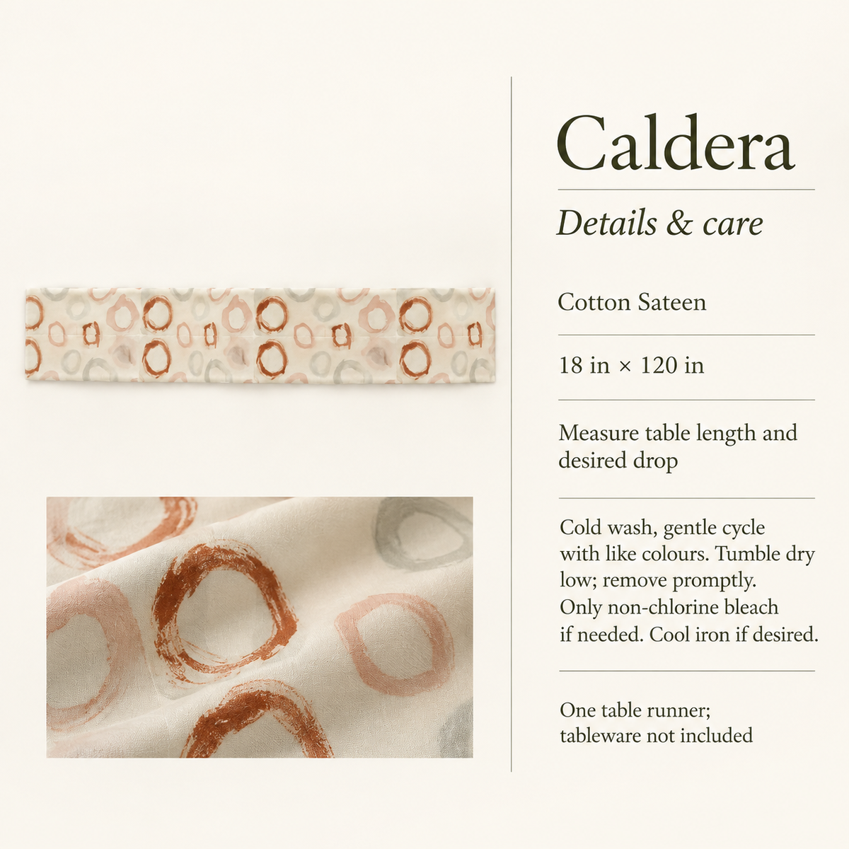 Caldera Painted Ring Cotton Sateen Table Runner — 18 × 120 in, Terracotta & Cream; details and care.