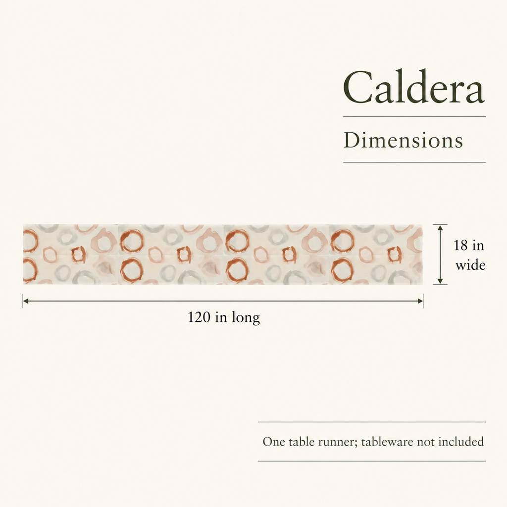 Caldera Painted Ring Cotton Sateen Table Runner — 18 × 120 in, Terracotta & Cream; dimensions and inclusions.