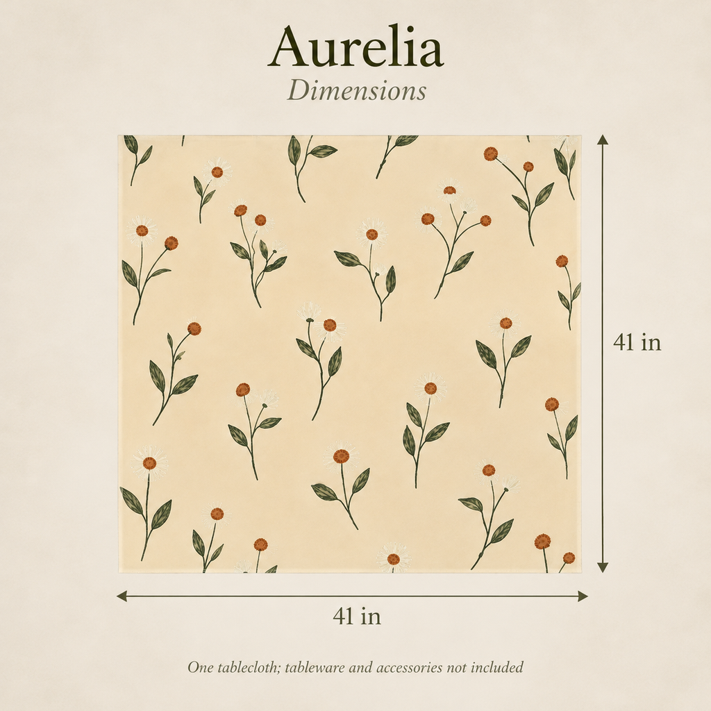 Aurelia Botanical Cotton Tablecloth — 41 in Square, Butter & Olive; dimensions and inclusions.