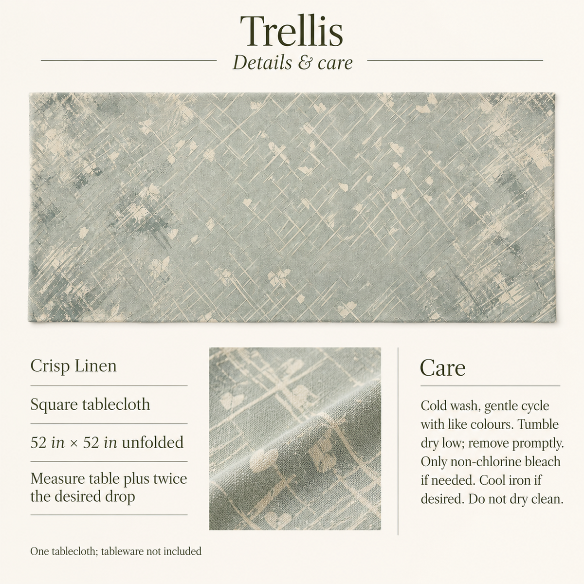Trellis Painted Geometry Linen Tablecloth — 52 in Square, Sage & Ivory; details and care.