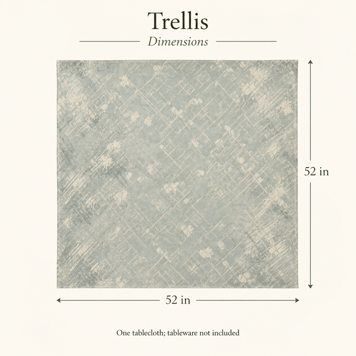 Trellis Painted Geometry Linen Tablecloth — 52 in Square, Sage & Ivory; dimensions and inclusions.