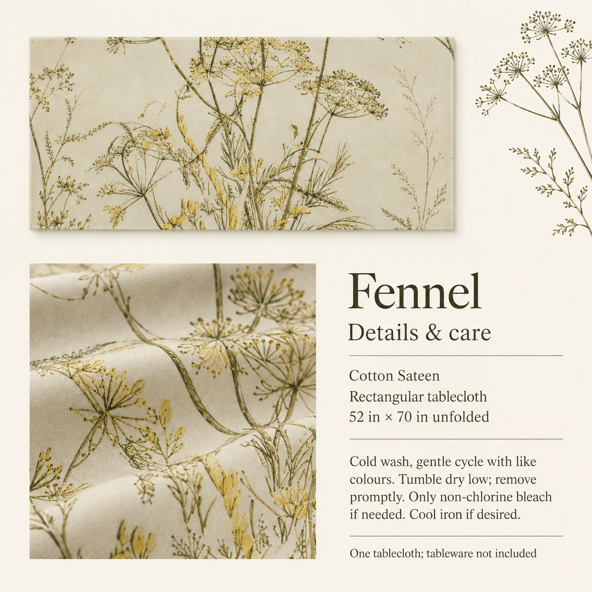 Fennel Botanical Cotton Sateen Tablecloth — 52 × 70 in, Olive & Butter; details and care.