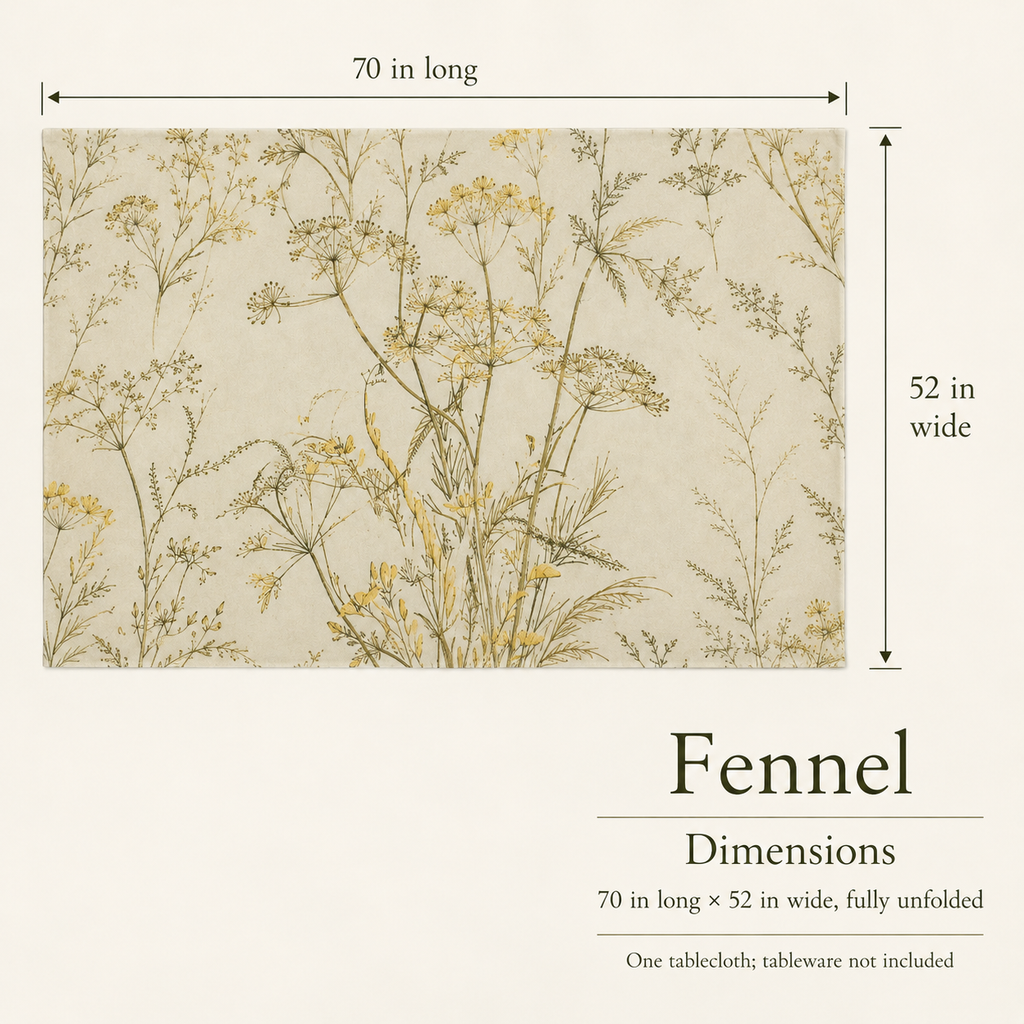 Fennel Botanical Cotton Sateen Tablecloth — 52 × 70 in, Olive & Butter; dimensions and inclusions.