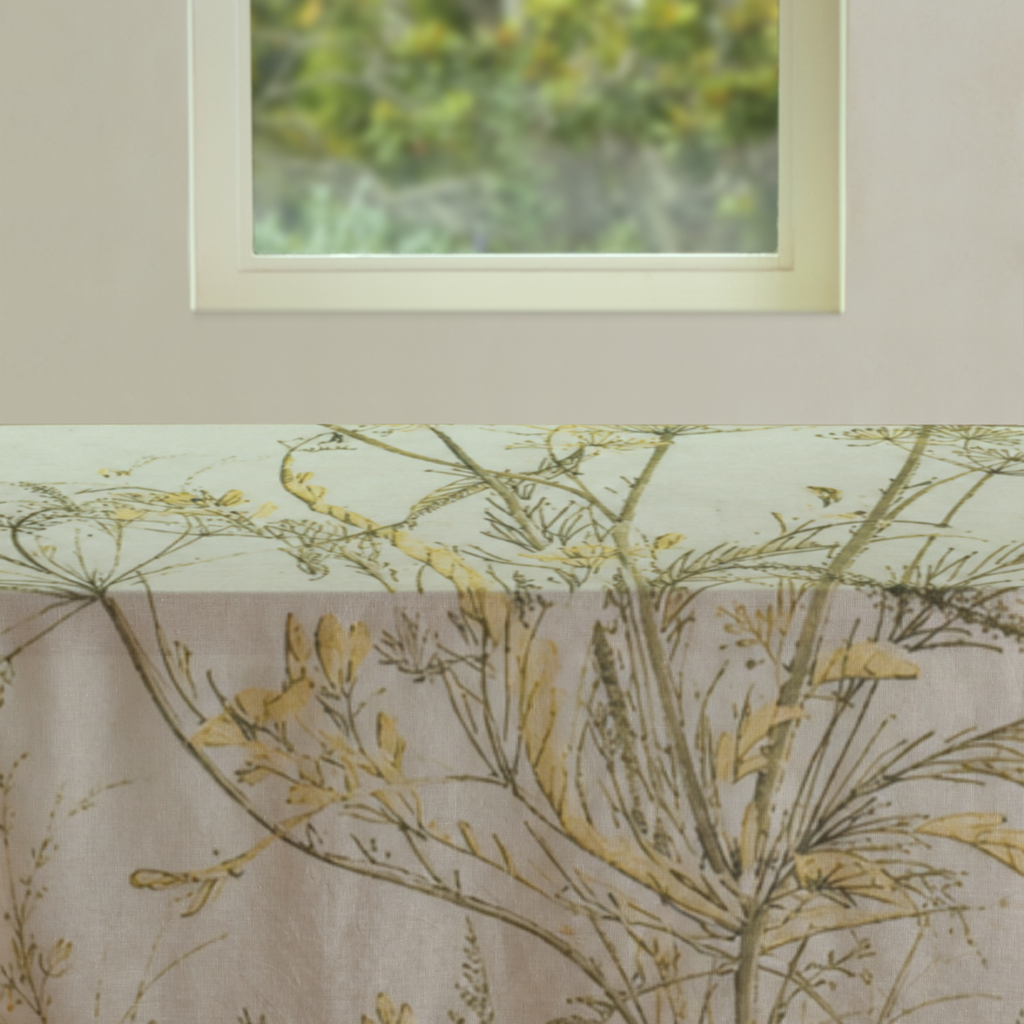 Fennel Botanical Cotton Sateen Tablecloth — 52 × 70 in, Olive & Butter; supplier product view 3.