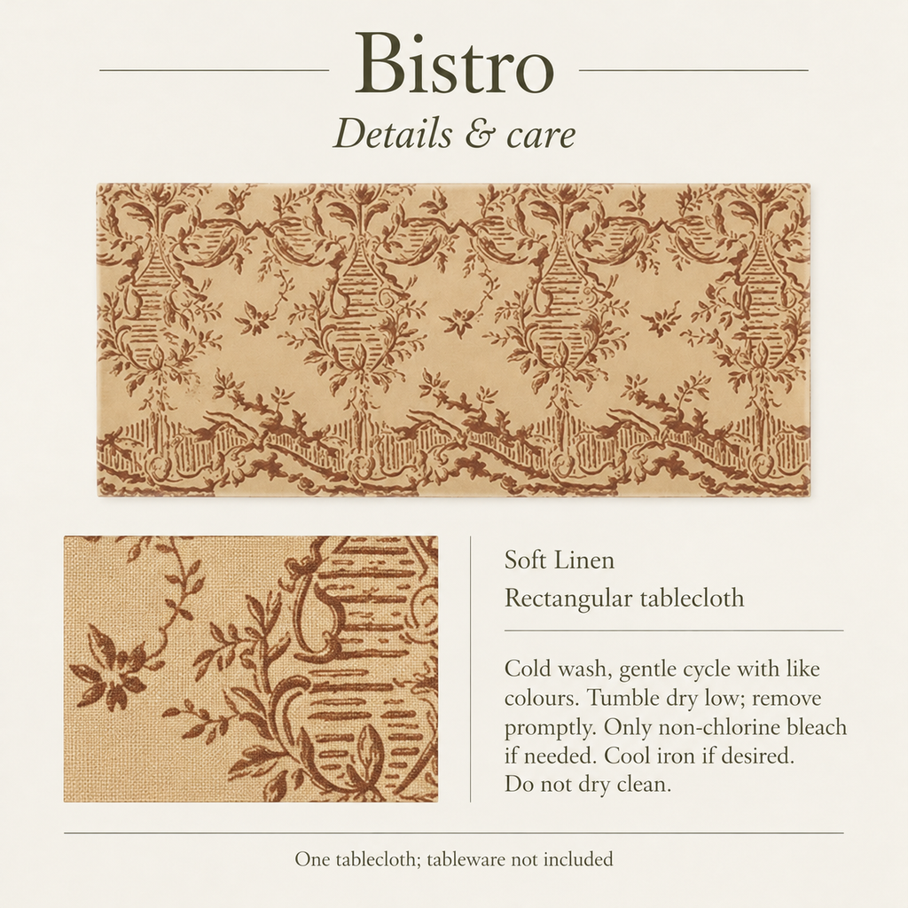 Bistro — 52 × 102 Soft Linen Tablecloth; details and care.