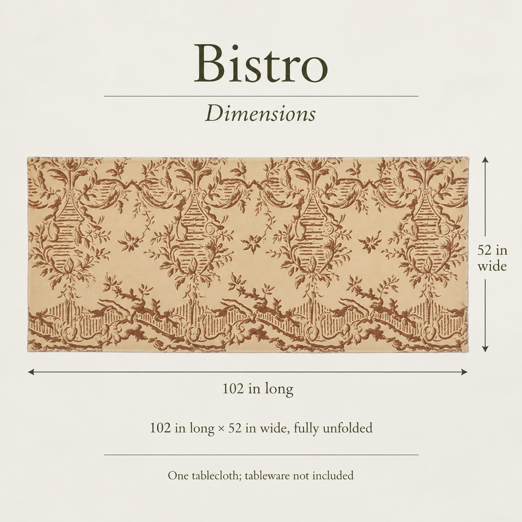 Bistro — 52 × 102 Soft Linen Tablecloth; dimensions and inclusions.