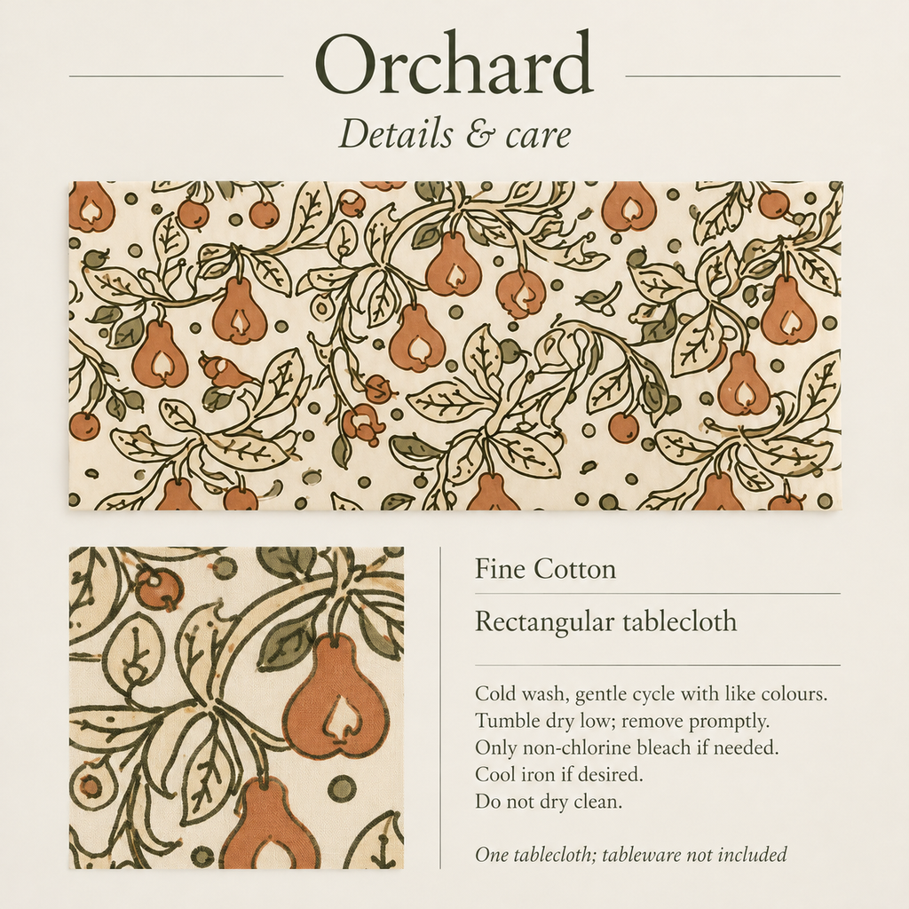 Orchard — 52 × 150 Fine Cotton Tablecloth; details and care.