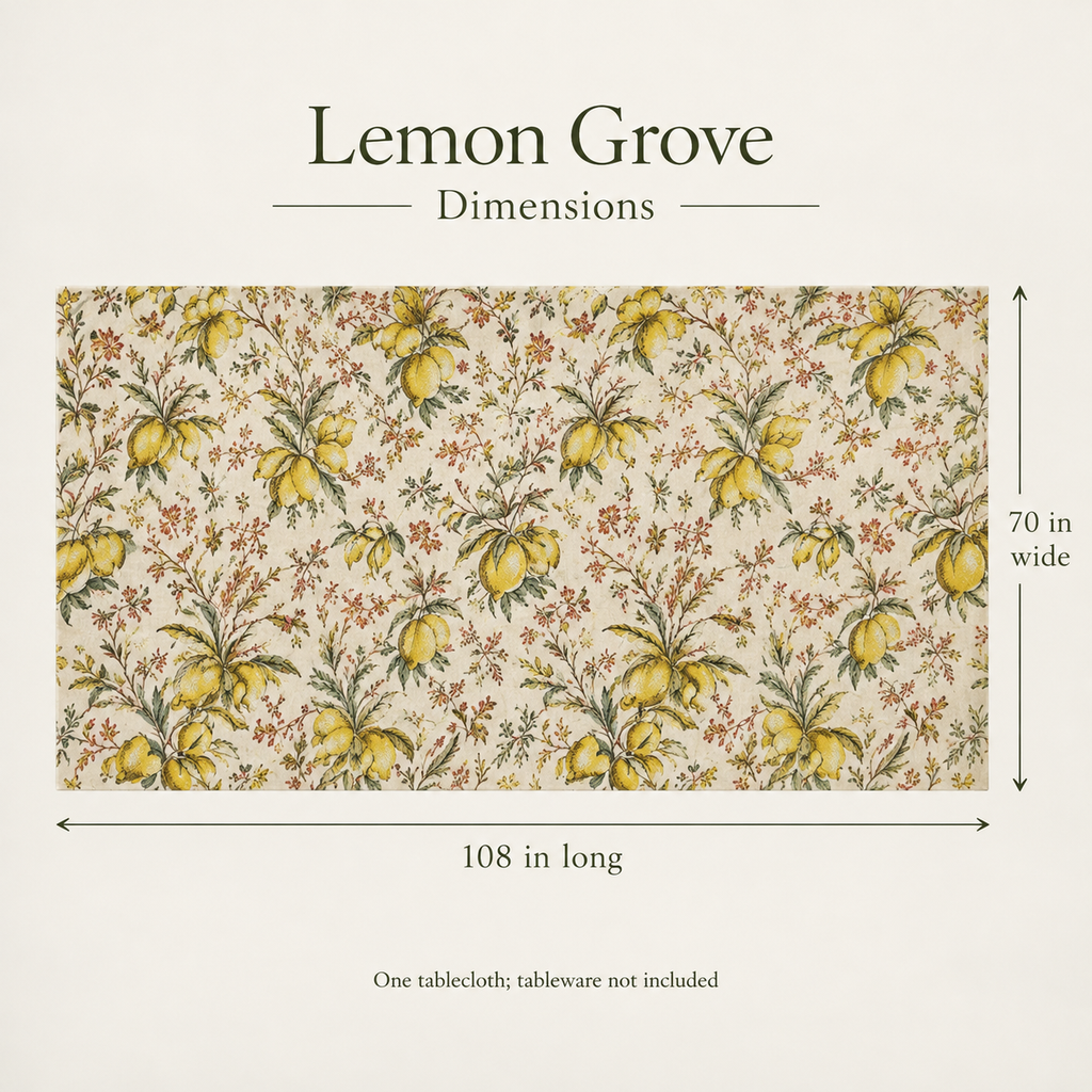 Lemon Grove — 70 × 108 Linen Tablecloth; dimensions and inclusions.