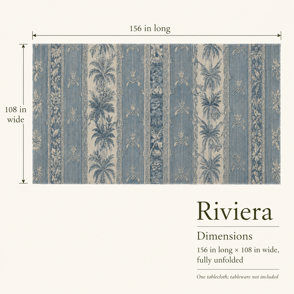 Riviera — 108 × 156 Cotton Sateen Tablecloth; dimensions and inclusions.