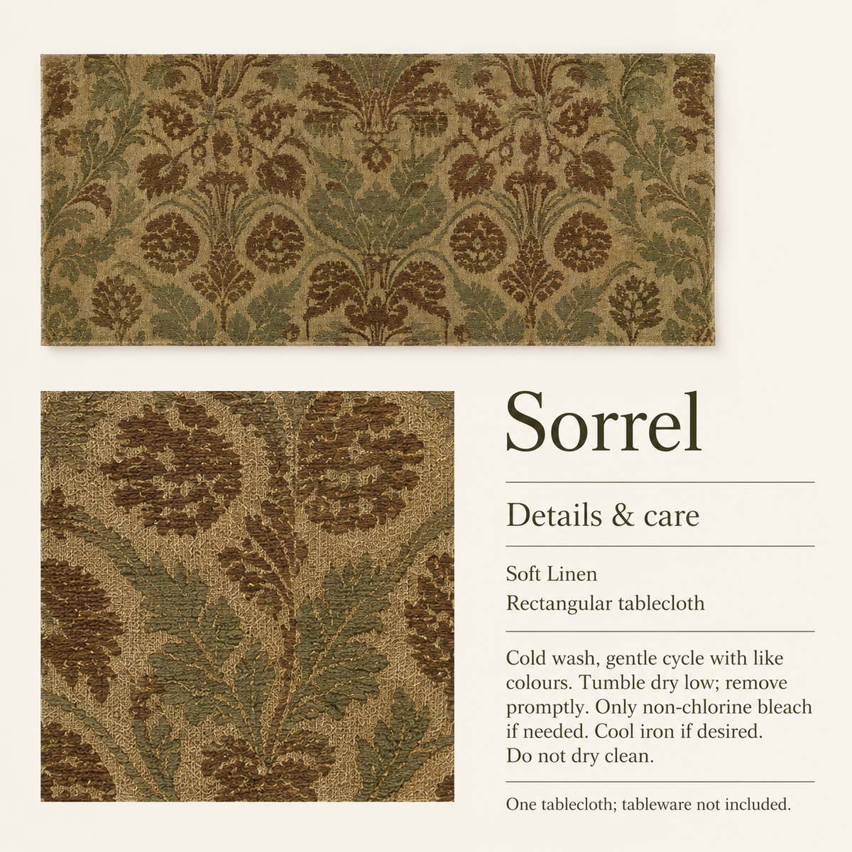 Sorrel — 52 × 60 Soft Linen Tablecloth; details and care.