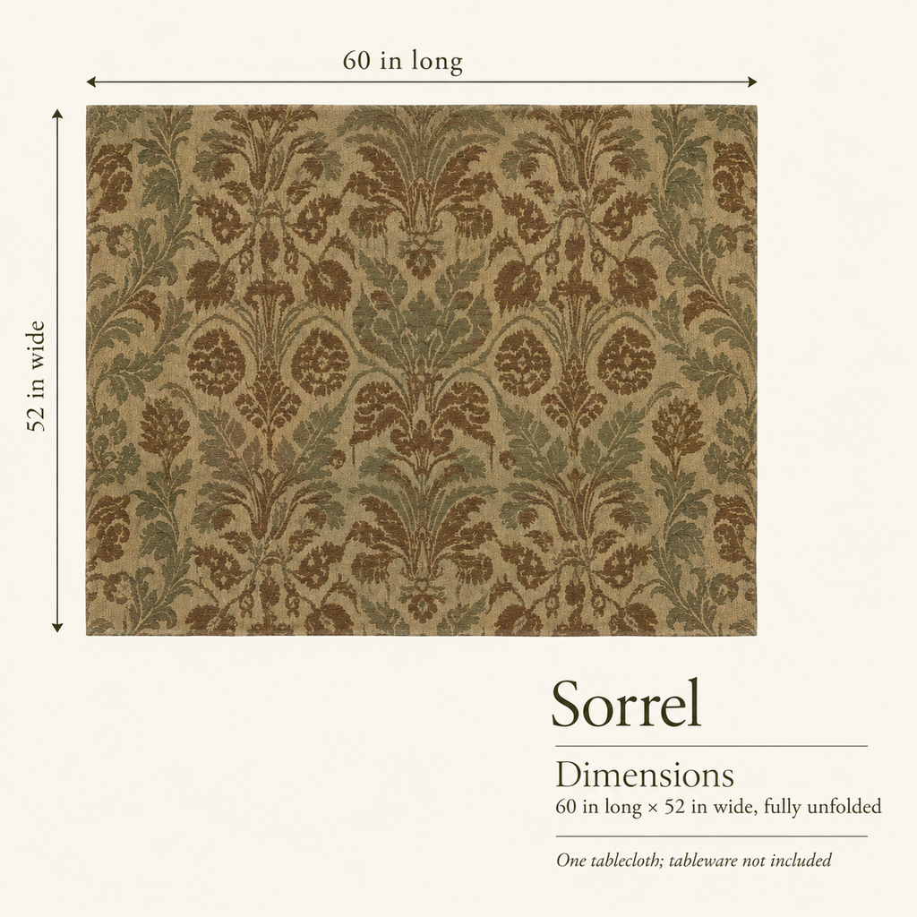 Sorrel — 52 × 60 Soft Linen Tablecloth; dimensions and inclusions.
