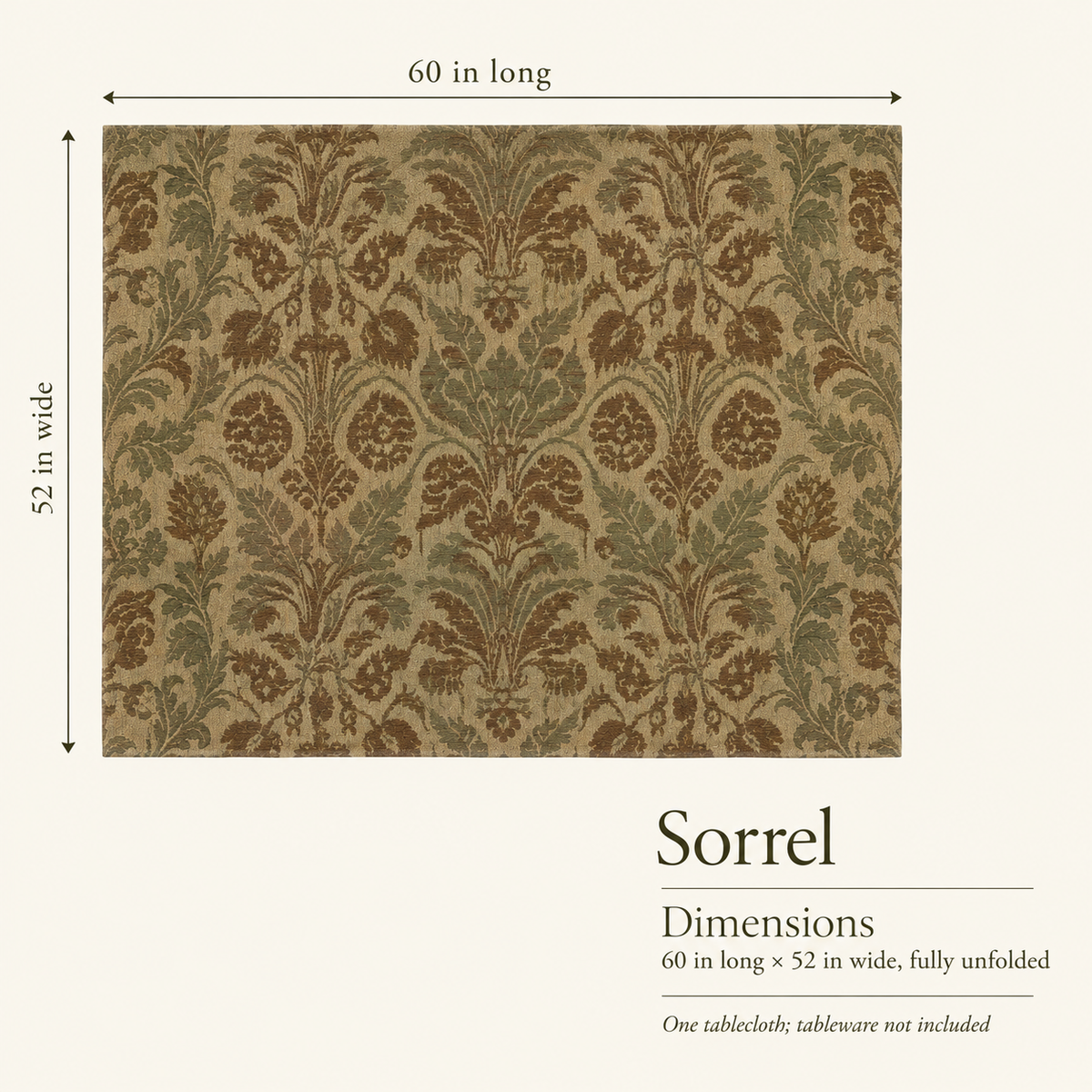 Sorrel — 52 × 60 Soft Linen Tablecloth; dimensions and inclusions.